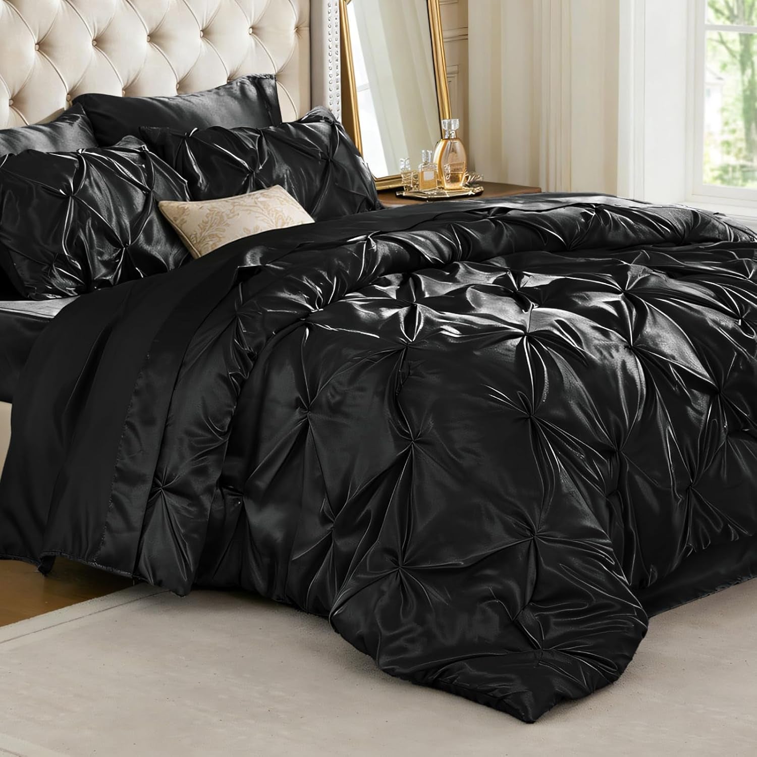 BEDELITE Satin Comforter Set Queen Size, 7 Pieces Pintuck Bed in a Bag with Comforter, Flat Sheet, Fitted Sheet, Pillowcases, Shams, Soft Cozy Similar to Silk Bed Set for All Seasons (Black)