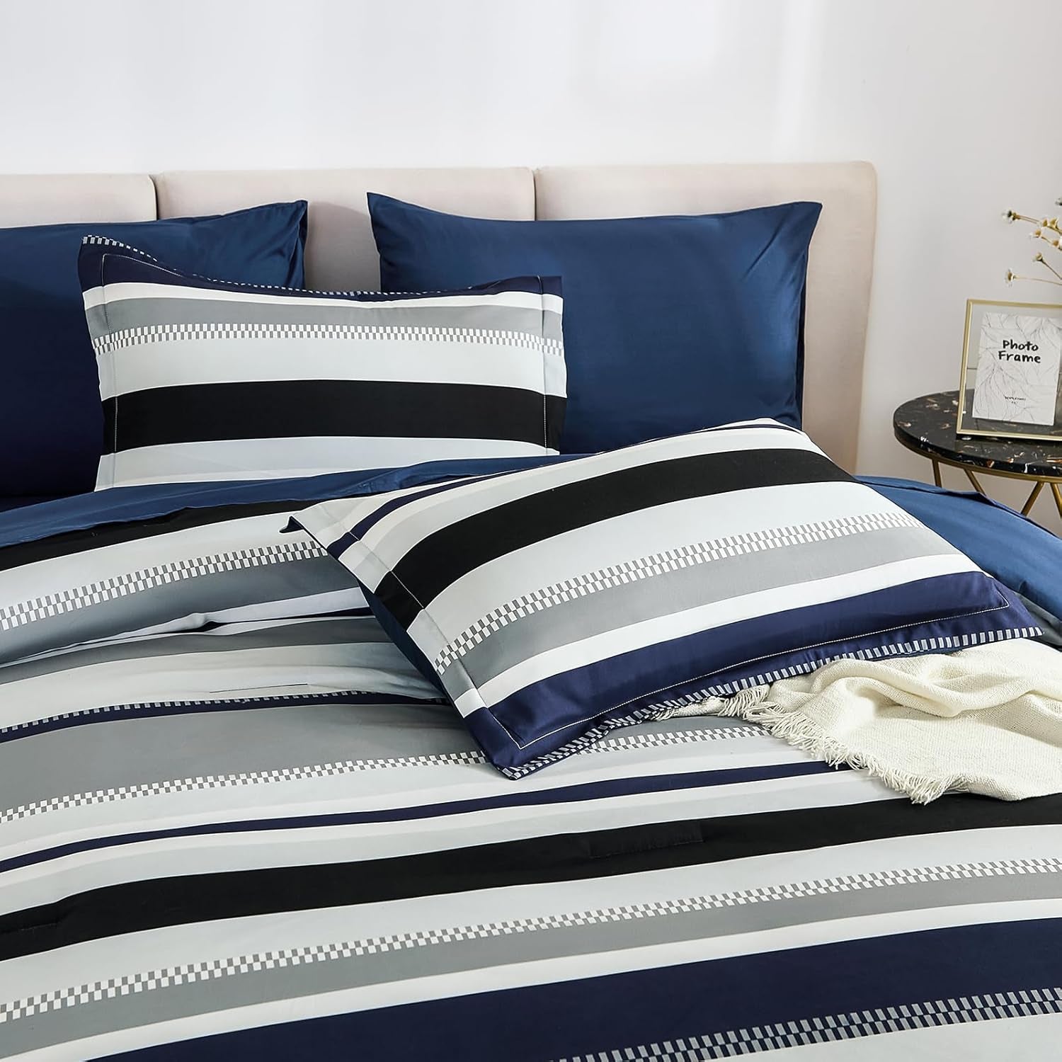 WONGS BEDDING Queen Comforter Set, 7 Pieces Navy Blue Comforter Set Queen Size, Soft Striped Bed in a Bag Bedding Set with Comforter, Flat Sheet, Fitted Sheet, Pillow Shams, Pillowcase