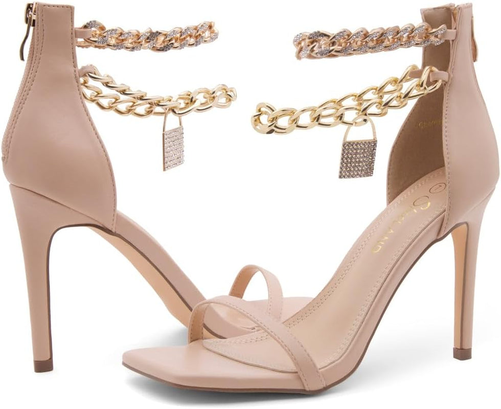 Shoe Land Charming2 Women'S Rhinestone Heels, Square Open Toe High Stilettos with Spiral Ankle Wrap Strap – Coil Spiral High Heeled Crystal Dress Sandals for Party, Nude,Size 11.0