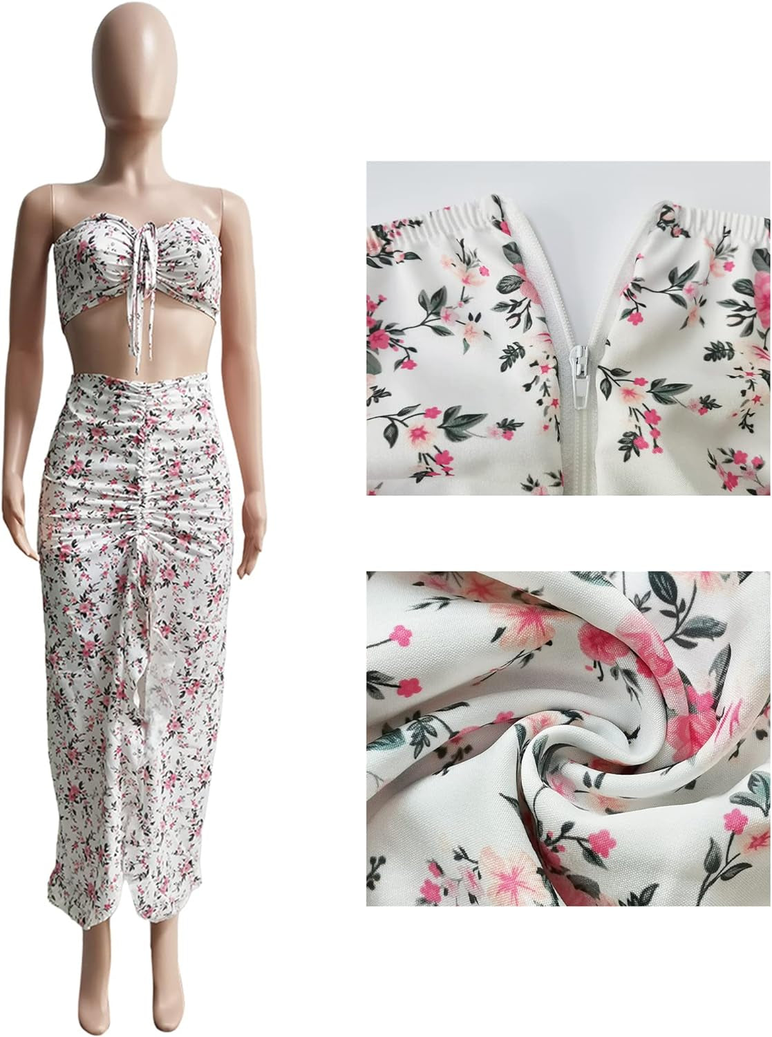 QZOOK 2 Piece Outfits for Women Skirt Sets Summer Two Piece Boho Floral Print Beach Maxi Dress Sexy Crop Tube Top Jumpsuit White L