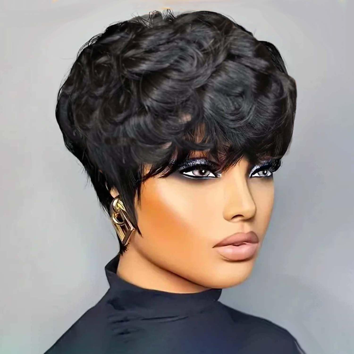 VRZ Short Curly Pixie Cut Wig - Human Hair Glueless Wig for Black Women - Natural Curly Color 1B