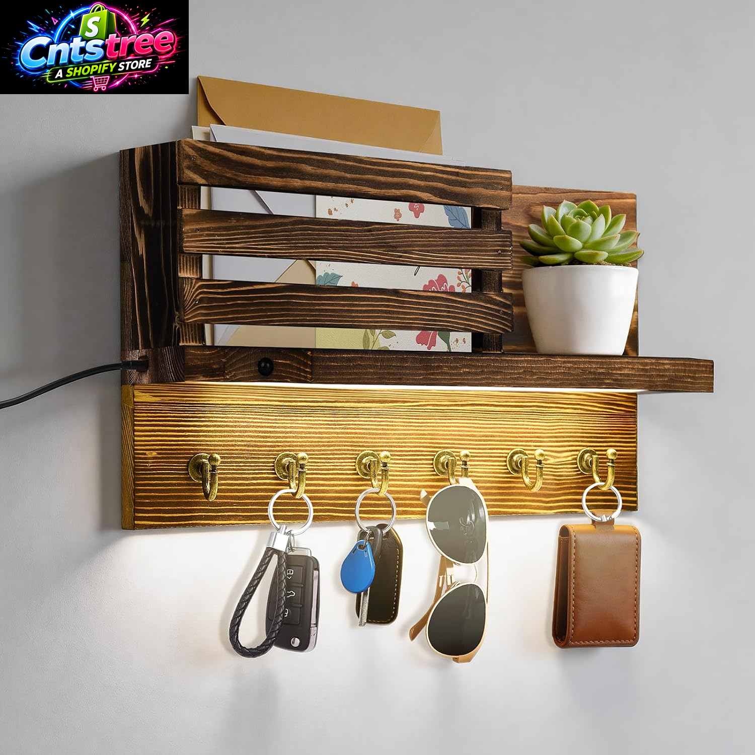 Human Body Motion Sensor Lights Indoor Key Holder Wall Mount Key and Mail Storage Holder for Wall with 6 Hooks Key Rack for Entryway Home Decor with Motion LED