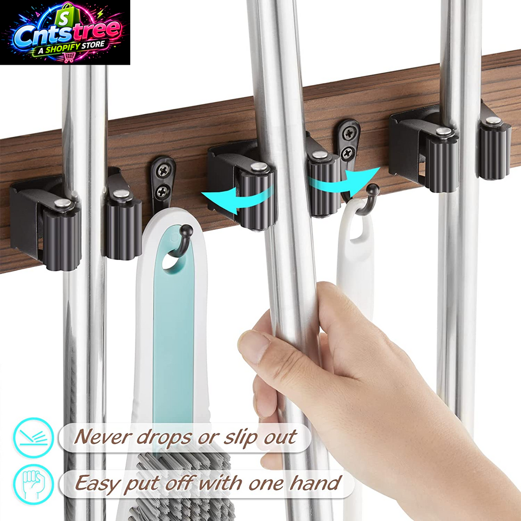 OUTNILI Mop and Broom Holder Wall Mount - Wood Broom Mop Hanger - Wall Mounted Garden Tool Rack Organizer for Closet Garage Laundry Room, Rustic Kitchen Decor with 4 Slots & 4 Hooks