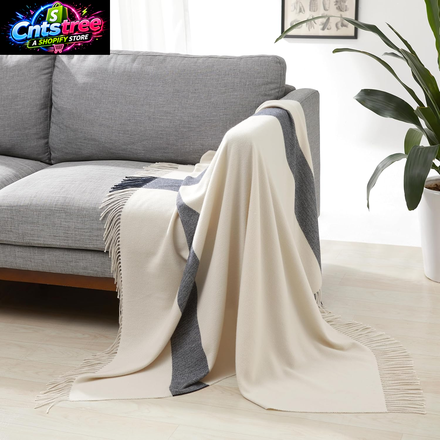 Amazon Basics Room Decor Throw Blanket, Lightweight and Cozy Polyester, 50"X 60", Ivory with Blue Cross-Check Pattern, Thin