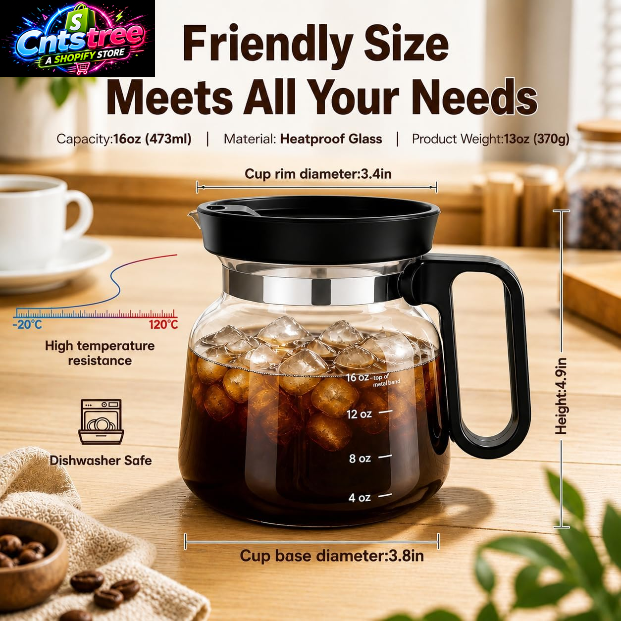 Shelprojsu 16Oz Coffee Pot Mug,Glass Coffee Cups Mini Coffee Pot Coffee Mug,With Leak-Proof Lid Large Capacity, for Ldeal Gift Coffee Lovers(1Pc)