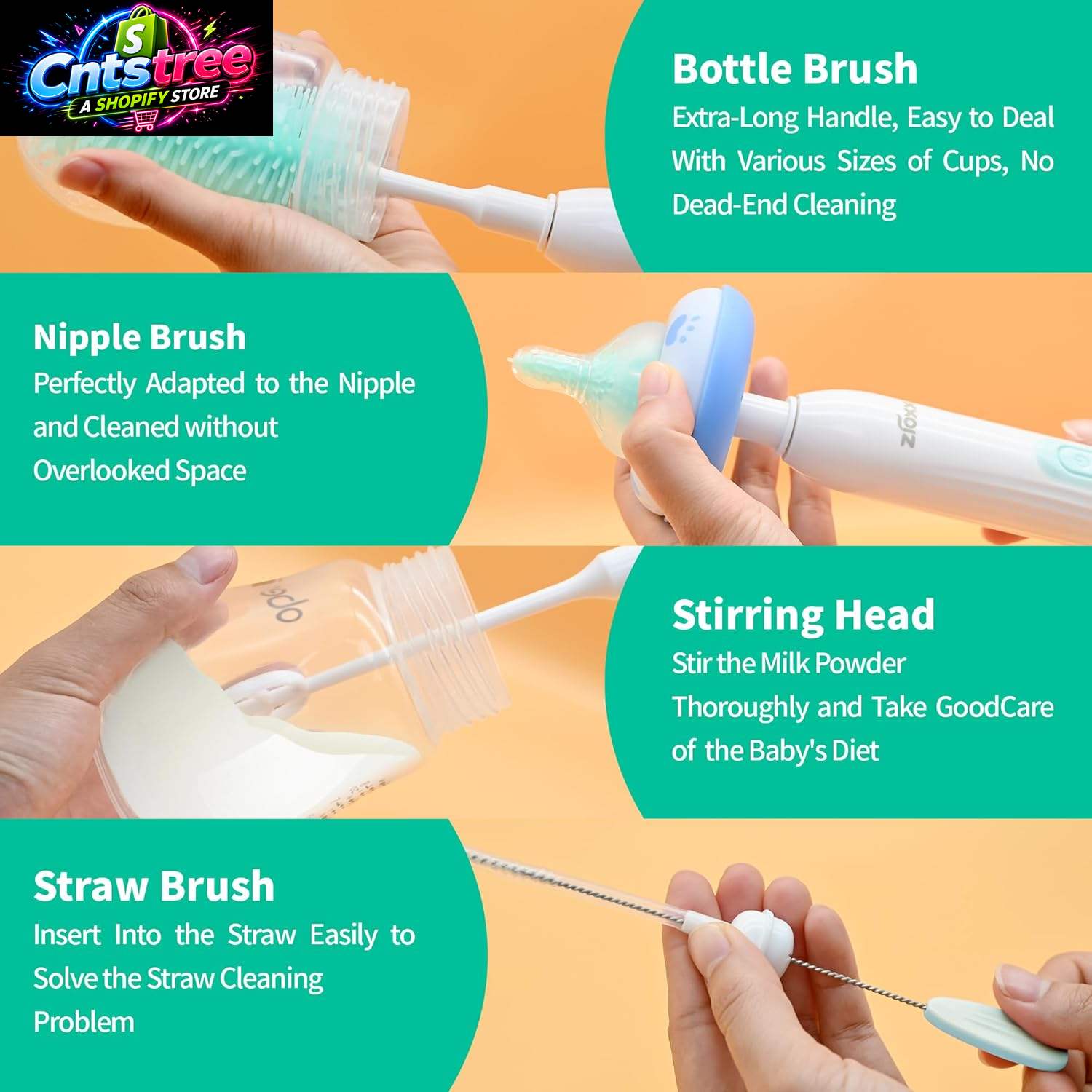Electric Bottle Brush Cleaner, Portable Electric Baby Bottle Brush Cleaner for Travel, Rechargable Travel Bottle Cleaner Kit with Nipple & Straw Brush, Perfect Mom Essentials after Birth Gift, Green