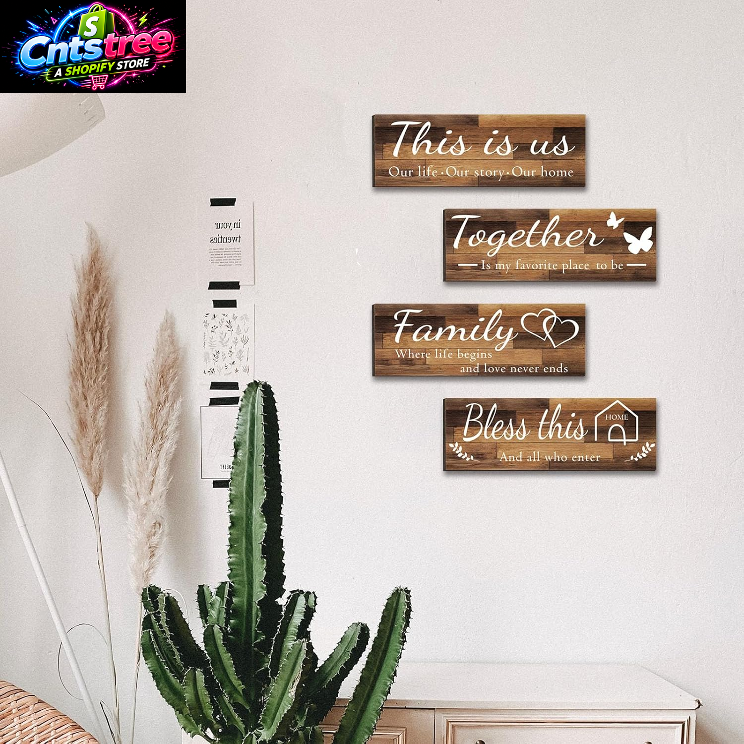 4 Pieces Home Wall Signs, THIS IS US/TOGETHER/BLESS THIS HOME/FAMILY Wall Decor for Living Room Bedroom, Rustic Wooden Farmhouse Wall Art , 4.7 X 13.8 Inch(Brown)