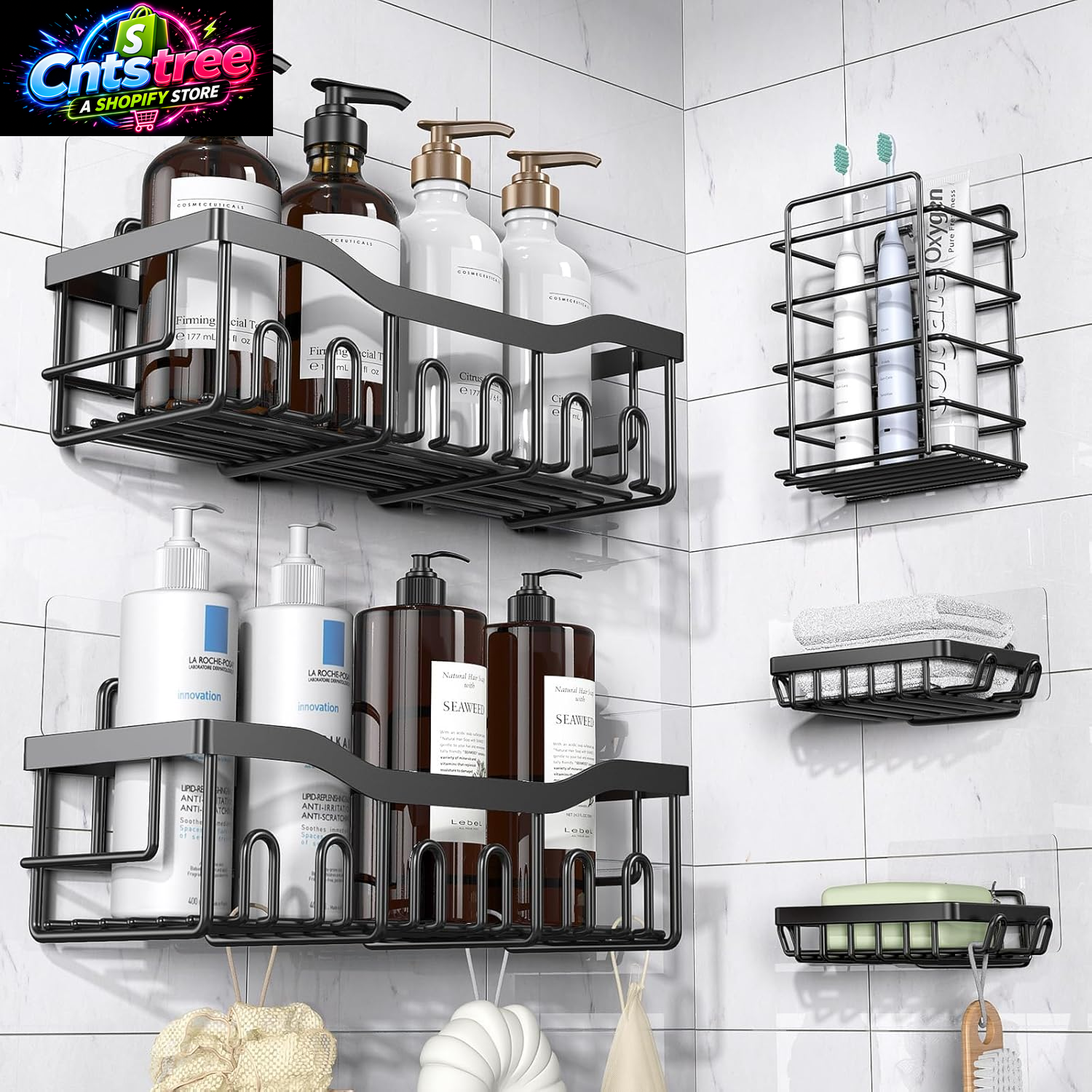 EUDELE Adhesive Shower Caddy, 5 Pack Rustproof Stainless Steel Bath Organizers with Large Capacity, No Drilling Shelves for Bathroom Storage & Home Decor