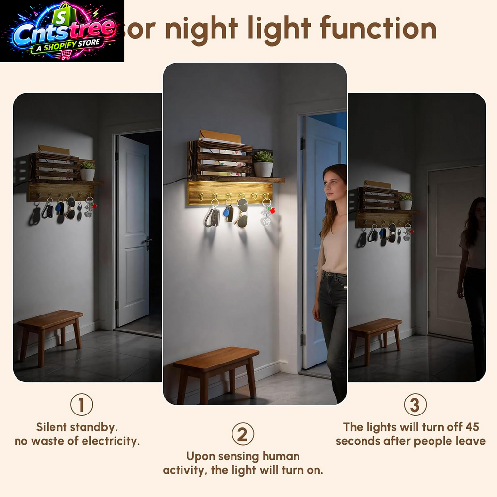Human Body Motion Sensor Lights Indoor Key Holder Wall Mount Key and Mail Storage Holder for Wall with 6 Hooks Key Rack for Entryway Home Decor with Motion LED