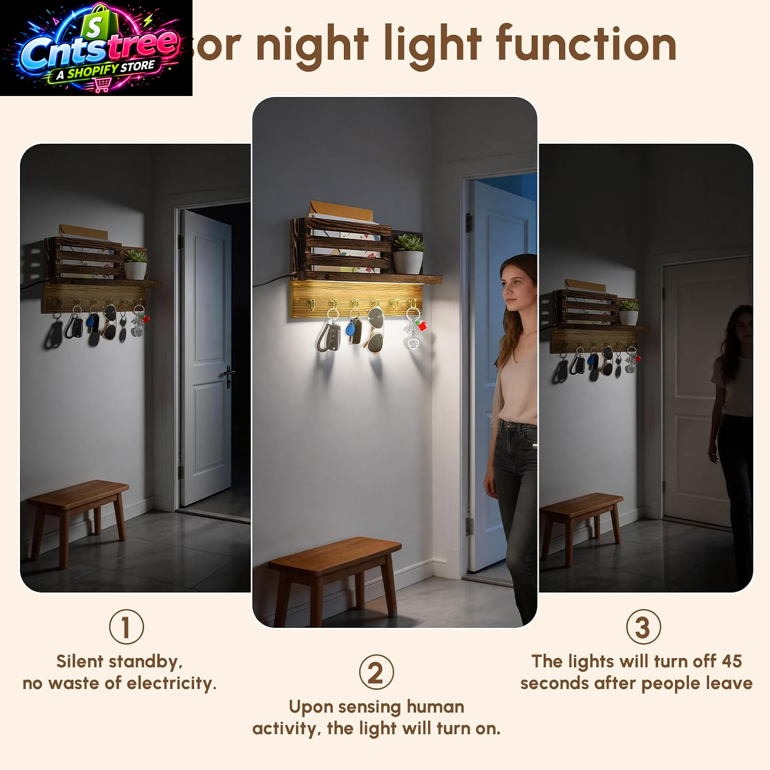 Human Body Motion Sensor Lights Indoor Key Holder Wall Mount Key and Mail Storage Holder for Wall with 6 Hooks Key Rack for Entryway Home Decor with Motion LED
