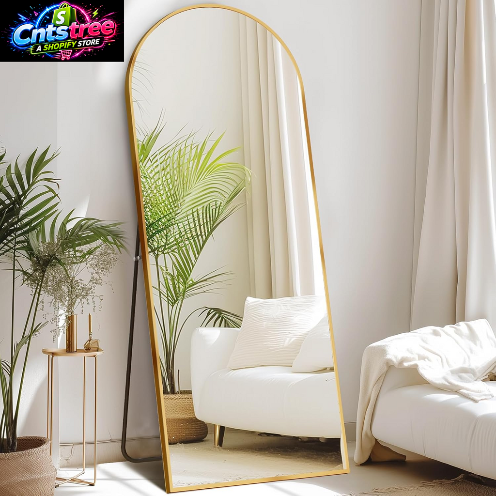 DUMOS 64"X21" Arched Full Length Floor Mirror, Full Body Mirror with Stand, Shatterproof Tempered Glass, Modern Aluminum Alloy Frame, Free Standing or Leaning for Home Decor, Gold