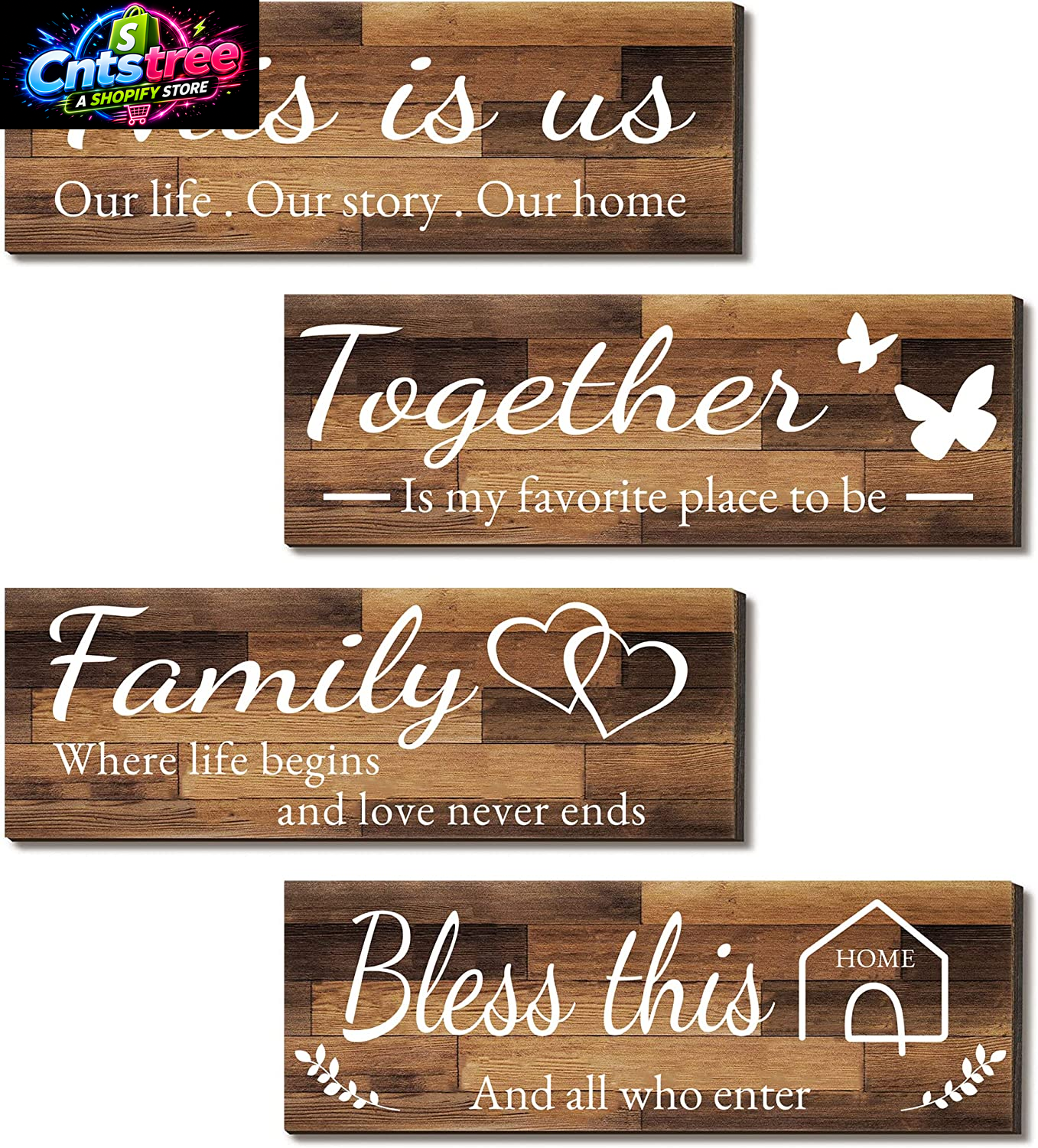 4 Pieces Home Wall Signs, THIS IS US/TOGETHER/BLESS THIS HOME/FAMILY Wall Decor for Living Room Bedroom, Rustic Wooden Farmhouse Wall Art , 4.7 X 13.8 Inch(Brown)