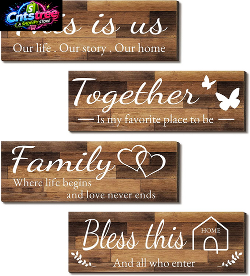 4 Pieces Home Wall Signs, THIS IS US/TOGETHER/BLESS THIS HOME/FAMILY Wall Decor for Living Room Bedroom, Rustic Wooden Farmhouse Wall Art , 4.7 X 13.8 Inch(Brown)