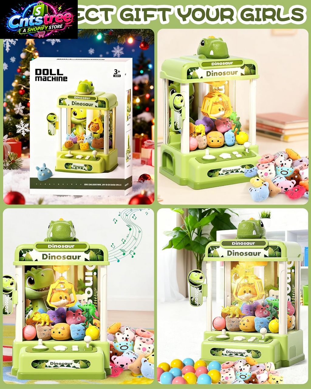 STACTCUTE 32PCS Dinosaur Claw Machine for Kids (Small) | Mini Vending Machine with Music & Adjustable Volume, Electronic Arcade Game Prize Dispenser for Birthday Toys Gifts Age 3+