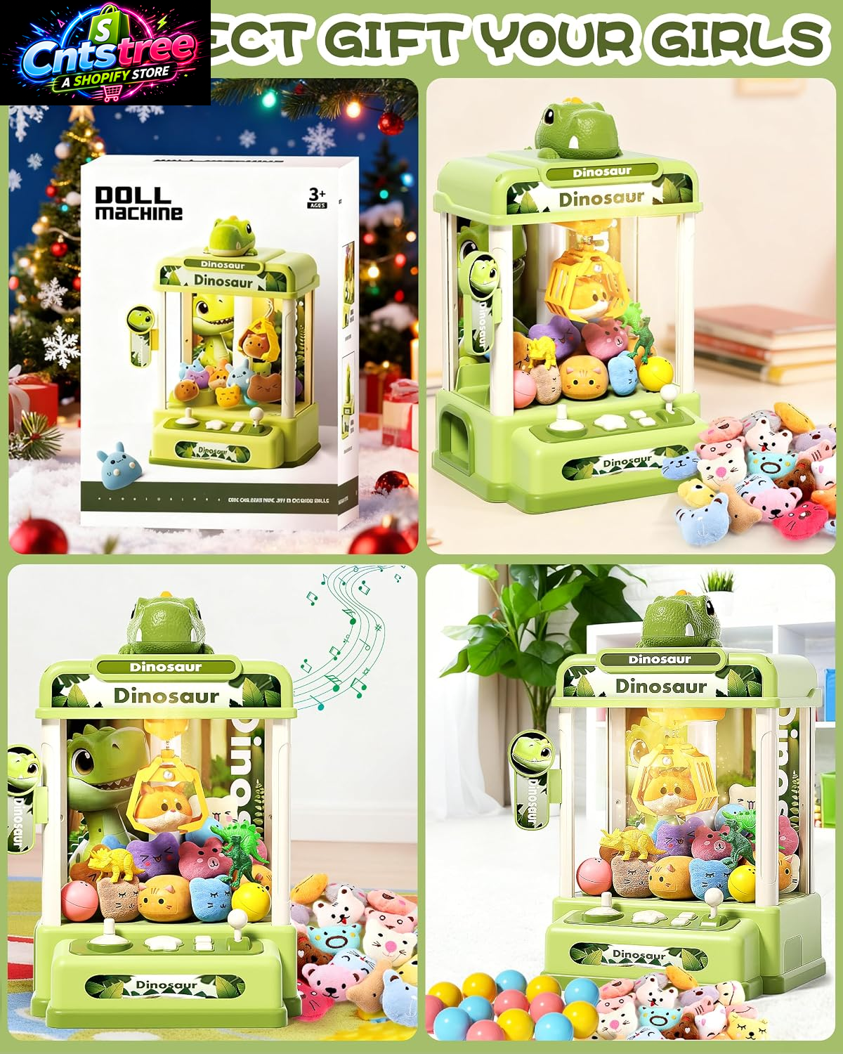 STACTCUTE 32PCS Dinosaur Claw Machine for Kids (Small) | Mini Vending Machine with Music & Adjustable Volume, Electronic Arcade Game Prize Dispenser for Birthday Toys Gifts Age 3+