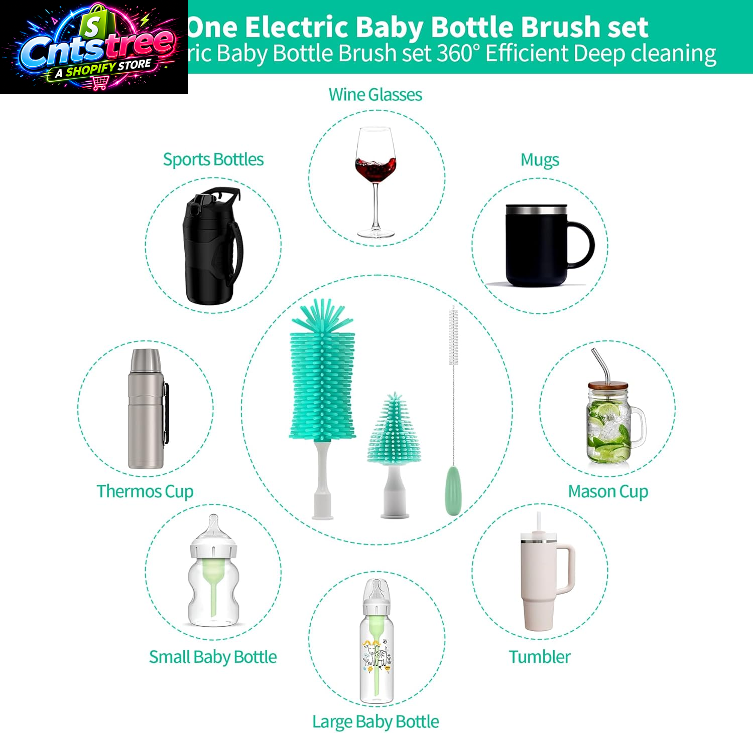 Electric Bottle Brush Cleaner, Portable Electric Baby Bottle Brush Cleaner for Travel, Rechargable Travel Bottle Cleaner Kit with Nipple & Straw Brush, Perfect Mom Essentials after Birth Gift, Green