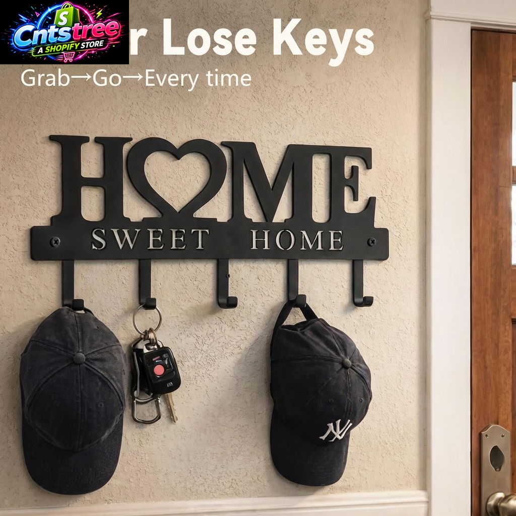 Entryway Wall Key Holder with 5 Hooks, Metal Key Rack Wall Mount for Keys, Bags and Leashes, Decorative Organizer for Entryway, Mudroom or Hallway, Sweet Home Design, 9.8 Inches, Black