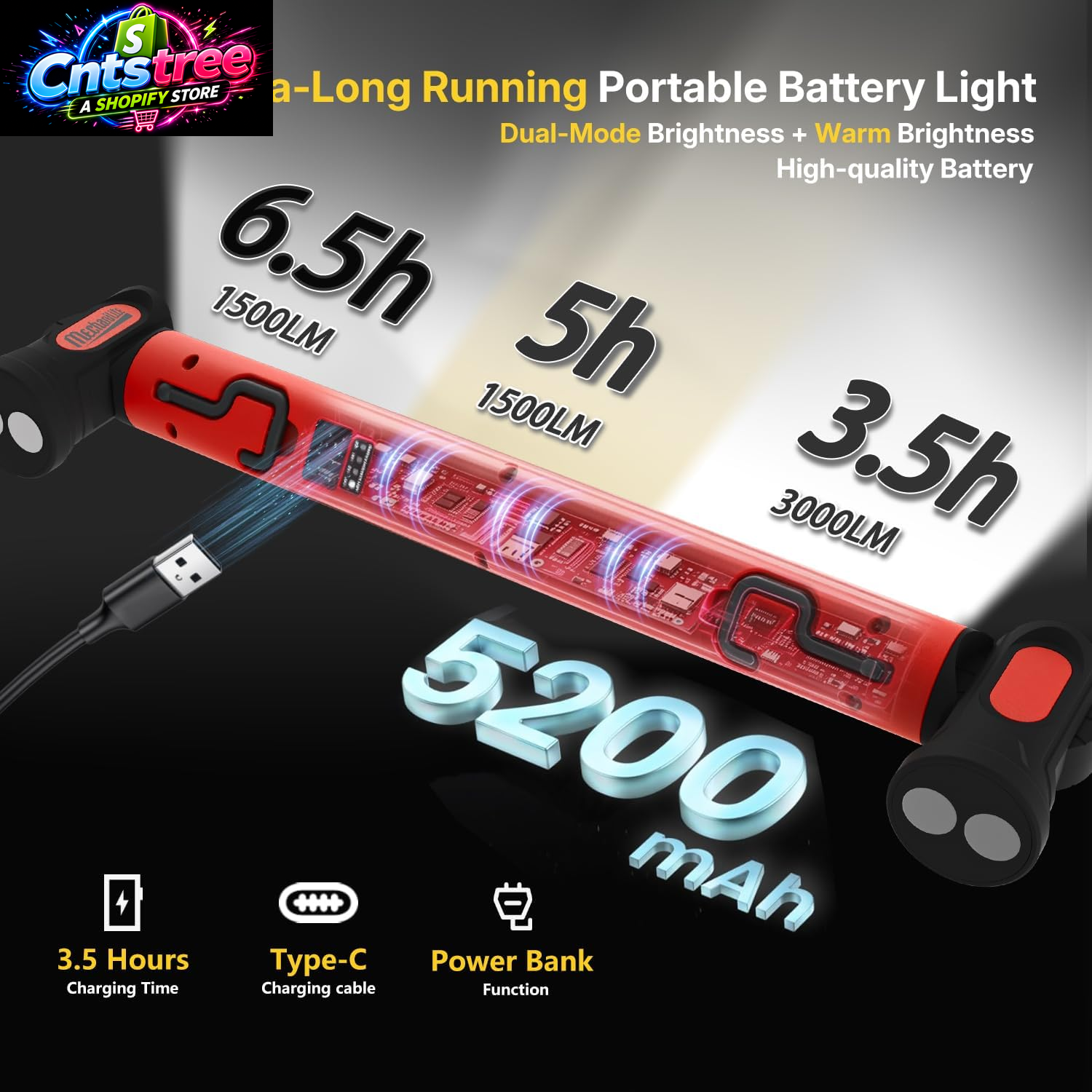 Magnetic Cordless under Hood Work Light Bar for Mechanics-Red | Rechargeable 5200Mah Battery, 3000 Lumens, N45 Magnets, 360° Hooks, IP54 Waterproof & IK08 Impact Resistant for Car Repairing