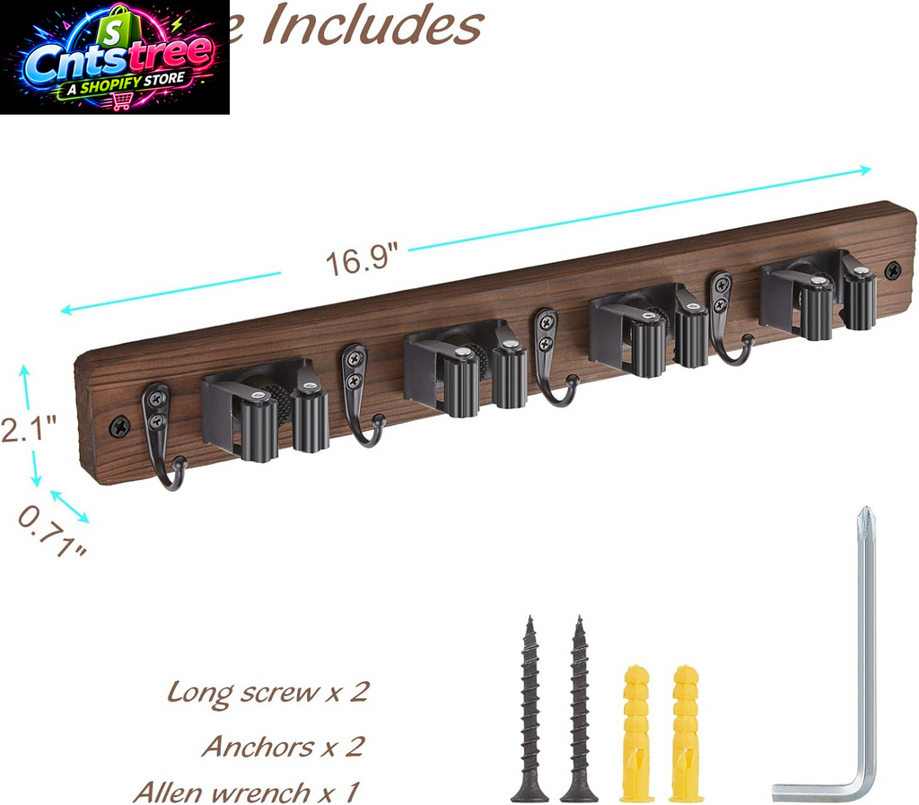 OUTNILI Mop and Broom Holder Wall Mount - Wood Broom Mop Hanger - Wall Mounted Garden Tool Rack Organizer for Closet Garage Laundry Room, Rustic Kitchen Decor with 4 Slots & 4 Hooks