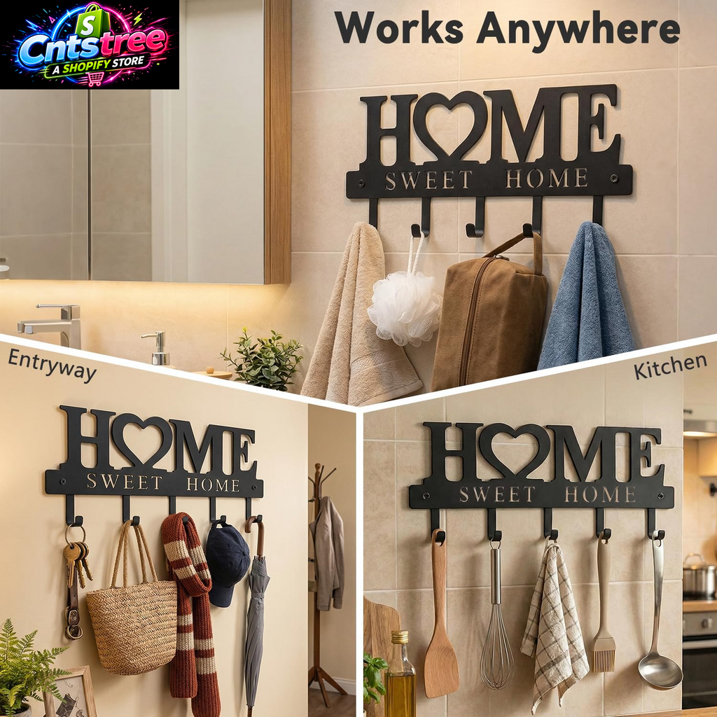 Entryway Wall Key Holder with 5 Hooks, Metal Key Rack Wall Mount for Keys, Bags and Leashes, Decorative Organizer for Entryway, Mudroom or Hallway, Sweet Home Design, 9.8 Inches, Black