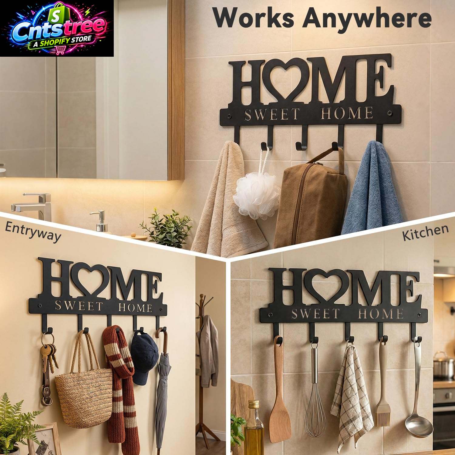 Entryway Wall Key Holder with 5 Hooks, Metal Key Rack Wall Mount for Keys, Bags and Leashes, Decorative Organizer for Entryway, Mudroom or Hallway, Sweet Home Design, 9.8 Inches, Black