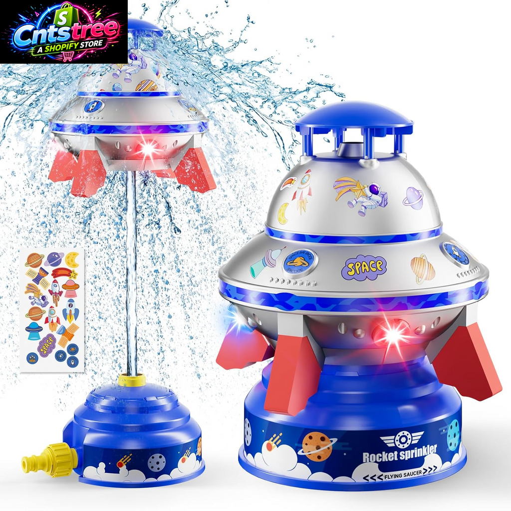 UFO Water Sprinkler for Kids, Spinning Outdoor Water Rocket Toy with Lights | Adjustable Spray Height, DIY Space Stickers, Backyard Lawn Splash Play, Summer Party Gift for Boys & Girls Ages 3-12