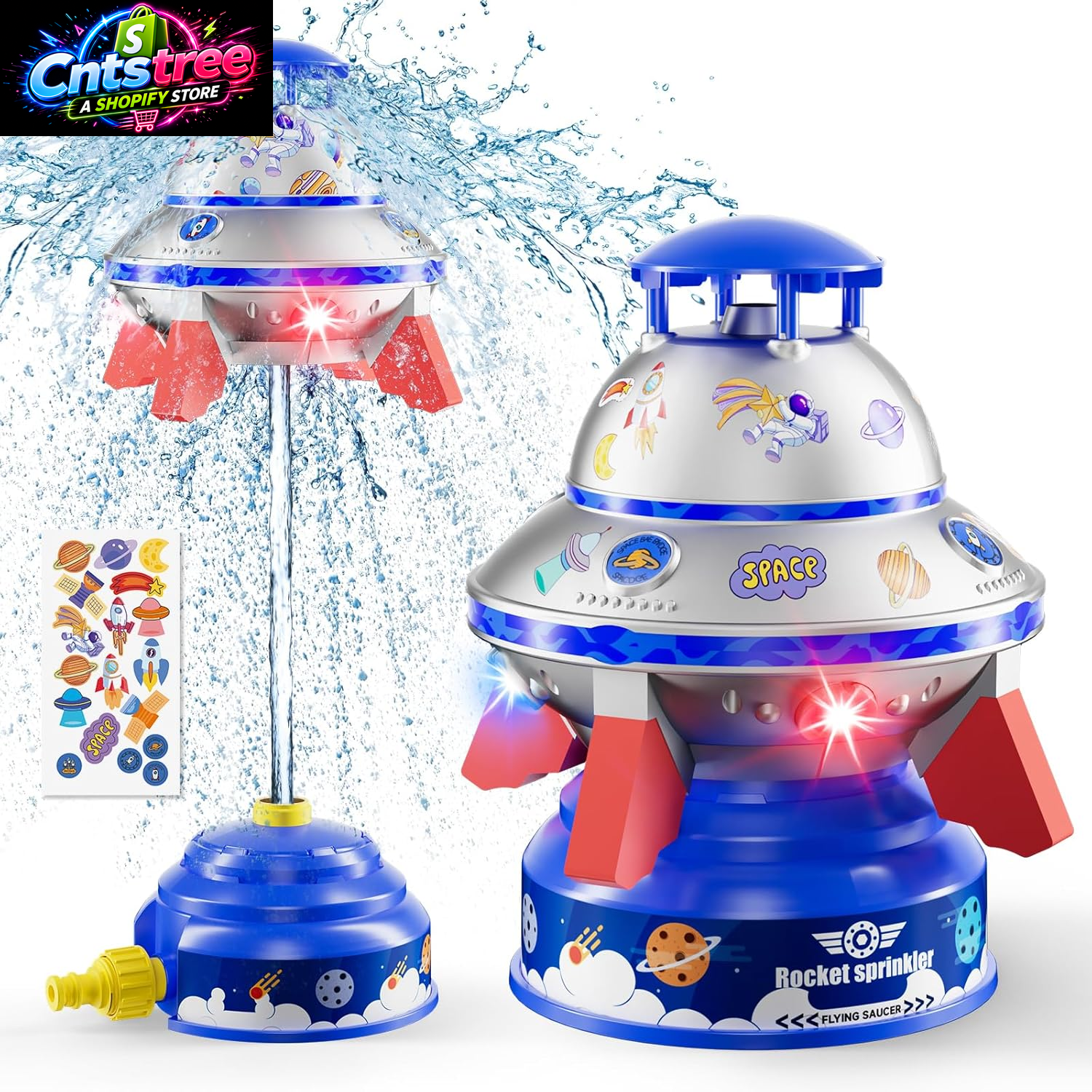 UFO Water Sprinkler for Kids, Spinning Outdoor Water Rocket Toy with Lights | Adjustable Spray Height, DIY Space Stickers, Backyard Lawn Splash Play, Summer Party Gift for Boys & Girls Ages 3-12