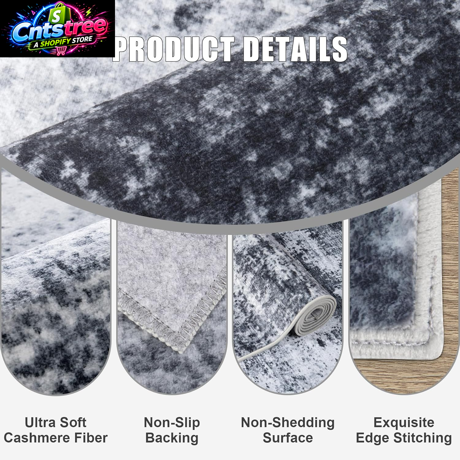5X7 Area Rug Living Room Rug: Washable Modern Abstract Soft Thin Rug Indoor Floor No Slip Stain Resistant Carpet for Bedroom Dining Room Farmhouse Nursery Home Office - Black