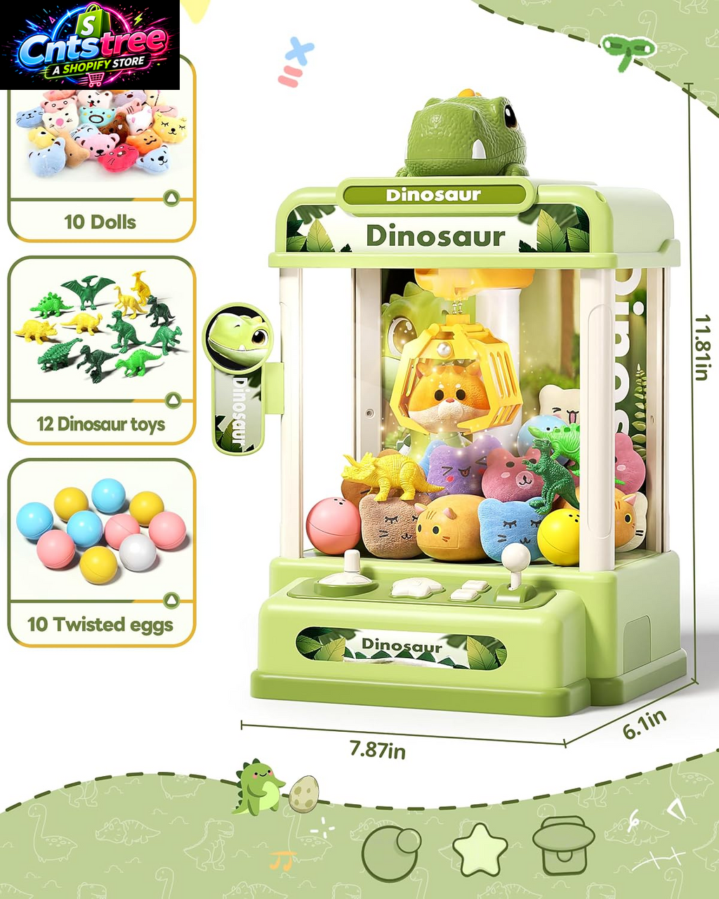 STACTCUTE 32PCS Dinosaur Claw Machine for Kids (Small) | Mini Vending Machine with Music & Adjustable Volume, Electronic Arcade Game Prize Dispenser for Birthday Toys Gifts Age 3+