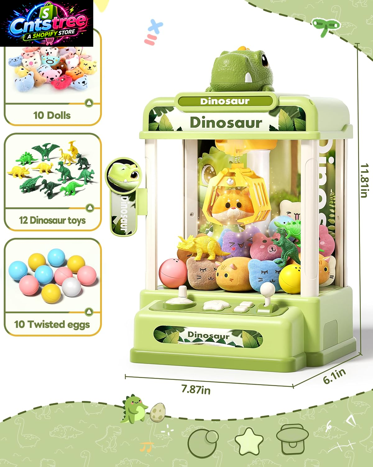 STACTCUTE 32PCS Dinosaur Claw Machine for Kids (Small) | Mini Vending Machine with Music & Adjustable Volume, Electronic Arcade Game Prize Dispenser for Birthday Toys Gifts Age 3+
