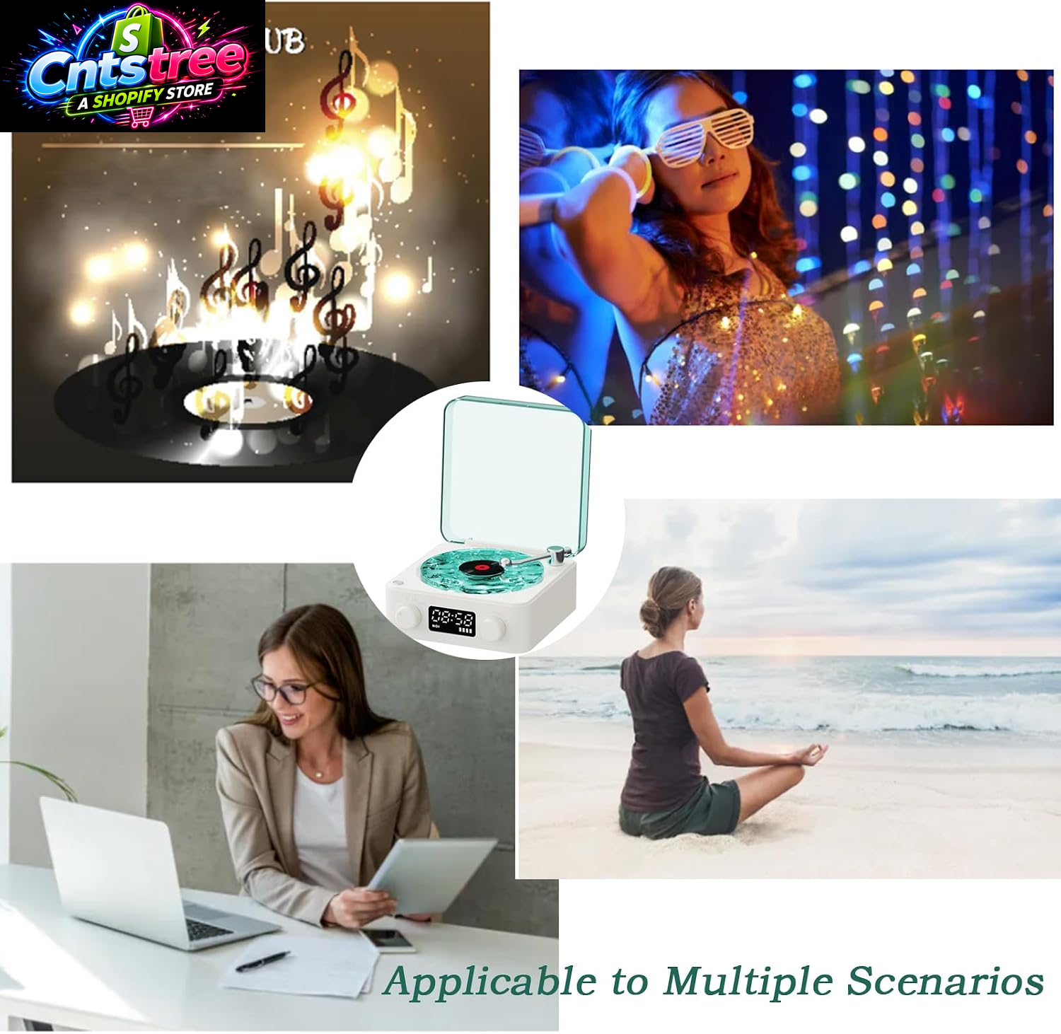 The Waves Vinyl Player, Waves Bluetooth Speaker, Portable Vintage Vinyl Speaker with Adjustable Light and Time for Bedroom, Party, White