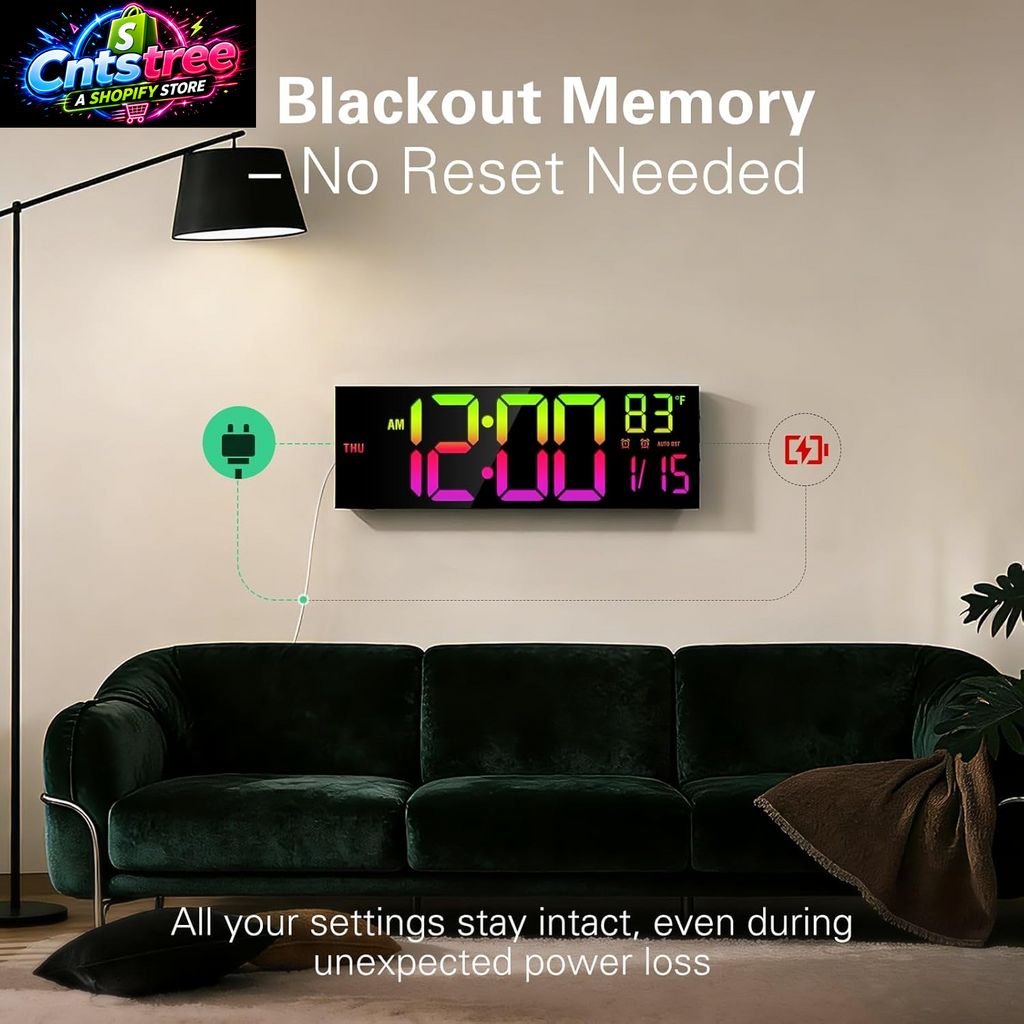 JALL 16" Large Digital Wall Mount Clock, Count down Timer, Alarm, Big LED, RGB Color, DST, Temperature for Living Room Classroom Desk, Xmas, Birthday Gift for Senior Mom Dad (Black, 16 Inches)