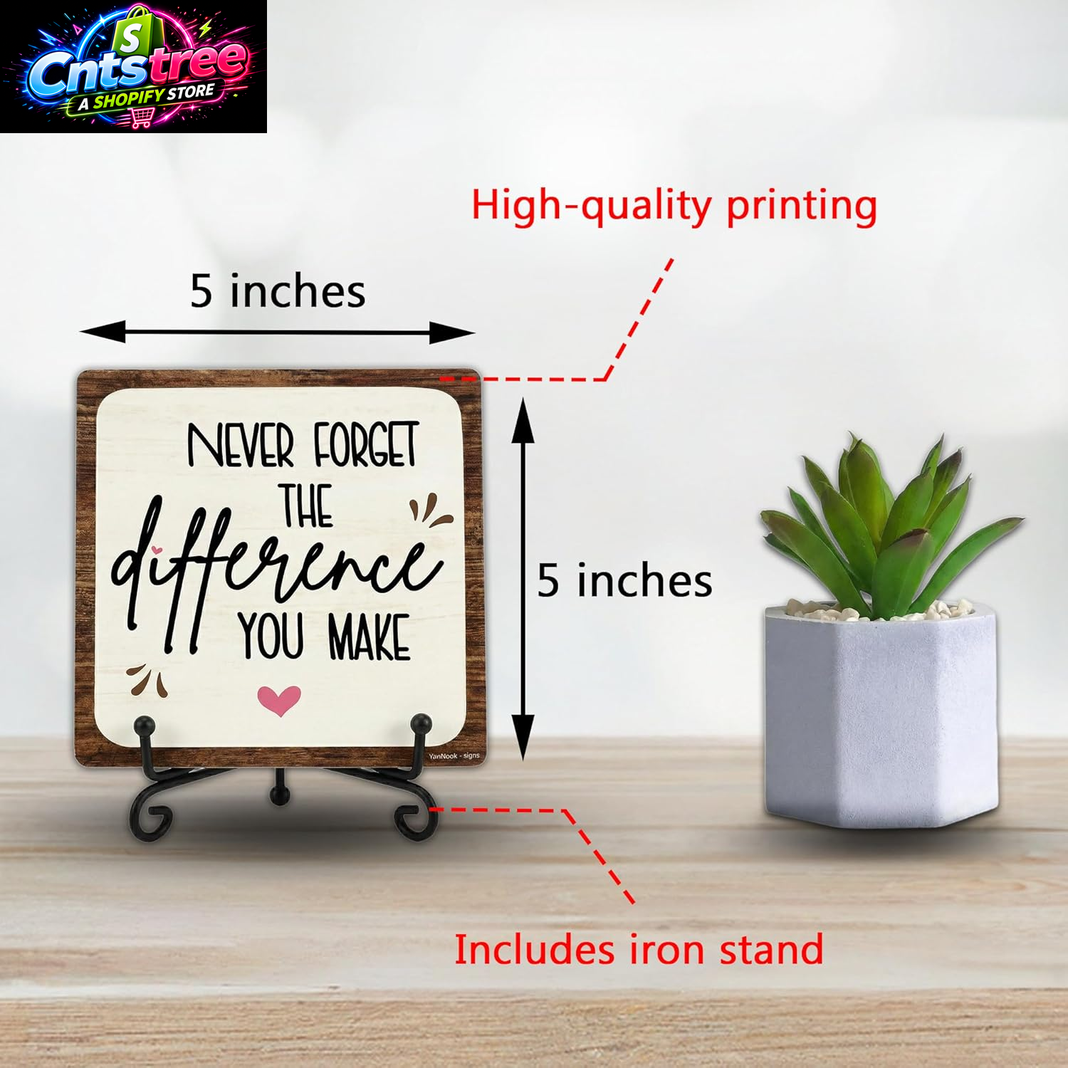 5X5 Inch Inspirational Office Decor – “Never Forget the Difference You Make” Wooden Plaque with Metal Stand,Motivational Desk Decor for for Women & Men, Teacher Desk & Home Office, 2604