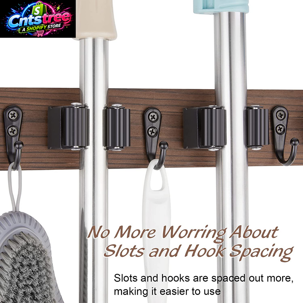 OUTNILI Mop and Broom Holder Wall Mount - Wood Broom Mop Hanger - Wall Mounted Garden Tool Rack Organizer for Closet Garage Laundry Room, Rustic Kitchen Decor with 4 Slots & 4 Hooks
