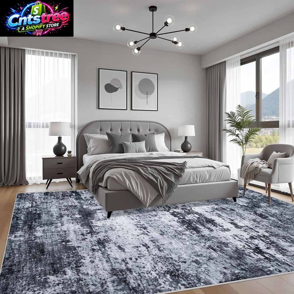 5X7 Area Rug Living Room Rug: Washable Modern Abstract Soft Thin Rug Indoor Floor No Slip Stain Resistant Carpet for Bedroom Dining Room Farmhouse Nursery Home Office - Black