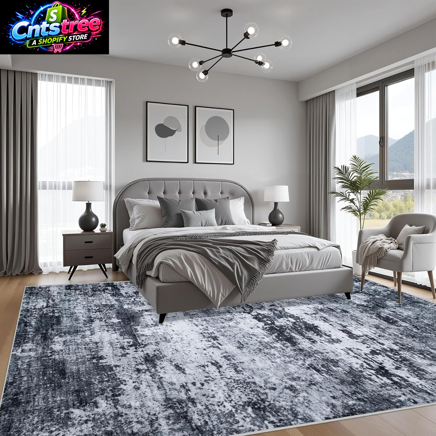 5X7 Area Rug Living Room Rug: Washable Modern Abstract Soft Thin Rug Indoor Floor No Slip Stain Resistant Carpet for Bedroom Dining Room Farmhouse Nursery Home Office - Black
