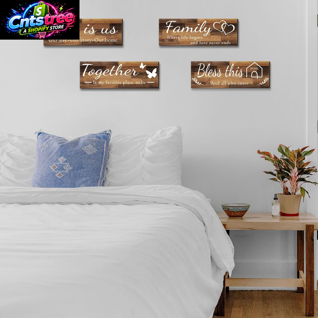 4 Pieces Home Wall Signs, THIS IS US/TOGETHER/BLESS THIS HOME/FAMILY Wall Decor for Living Room Bedroom, Rustic Wooden Farmhouse Wall Art , 4.7 X 13.8 Inch(Brown)
