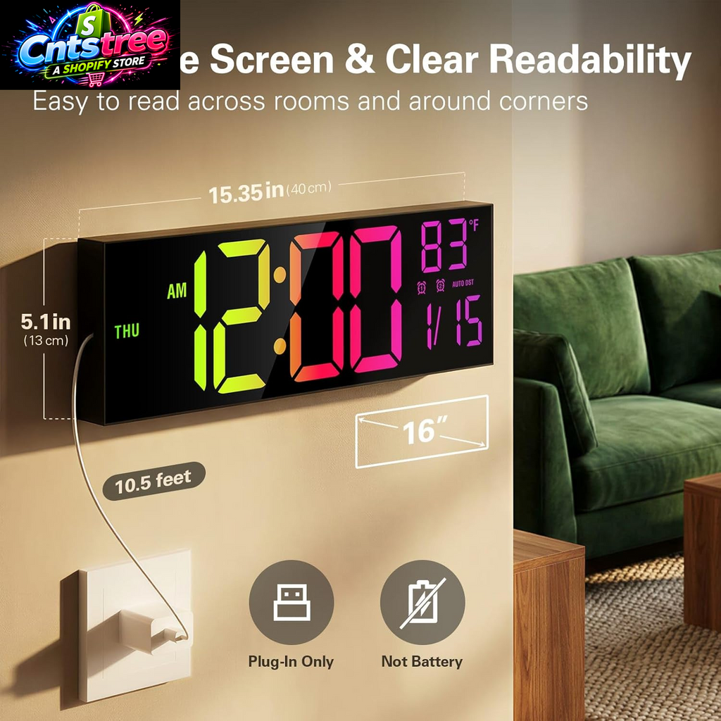 JALL 16" Large Digital Wall Mount Clock, Count down Timer, Alarm, Big LED, RGB Color, DST, Temperature for Living Room Classroom Desk, Xmas, Birthday Gift for Senior Mom Dad (Black, 16 Inches)