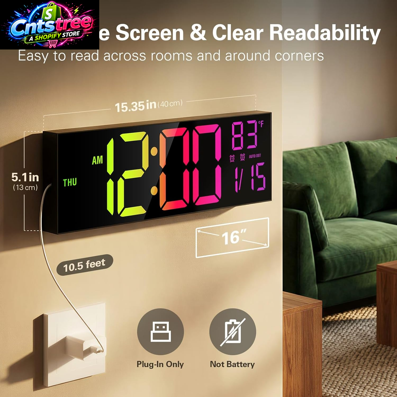 JALL 16" Large Digital Wall Mount Clock, Count down Timer, Alarm, Big LED, RGB Color, DST, Temperature for Living Room Classroom Desk, Xmas, Birthday Gift for Senior Mom Dad (Black, 16 Inches)