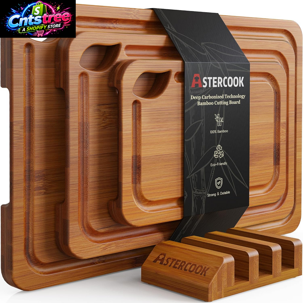 Astercook Deep-Carbonized Bamboo Cutting Boards for Kitchen with Wood Storage Stand, Reversible Charcuterie & Chopping Boards with Juice Grooves and Easy-Grip Handles, Fathers Day Gift for Men