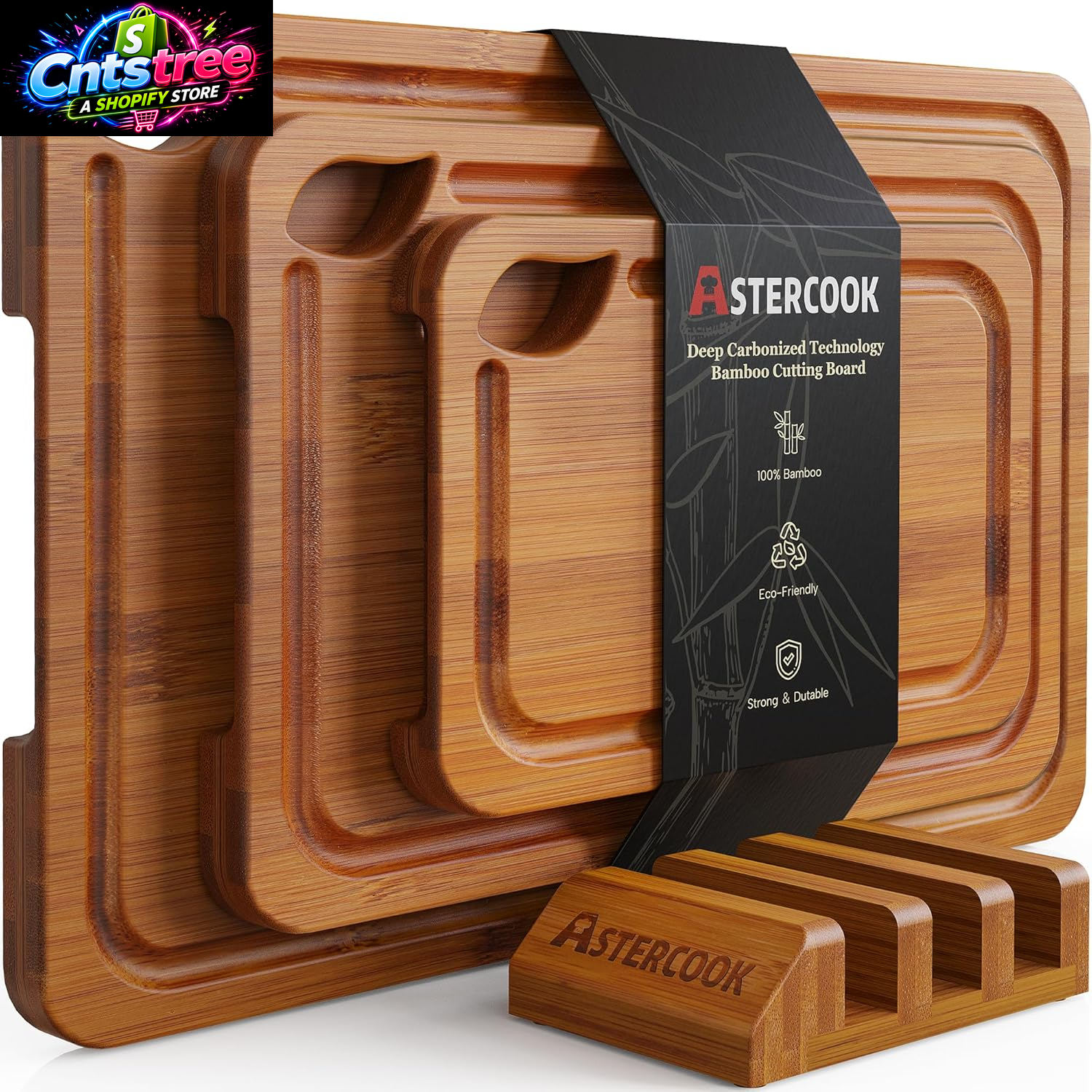 Astercook Deep-Carbonized Bamboo Cutting Boards for Kitchen with Wood Storage Stand, Reversible Charcuterie & Chopping Boards with Juice Grooves and Easy-Grip Handles, Fathers Day Gift for Men