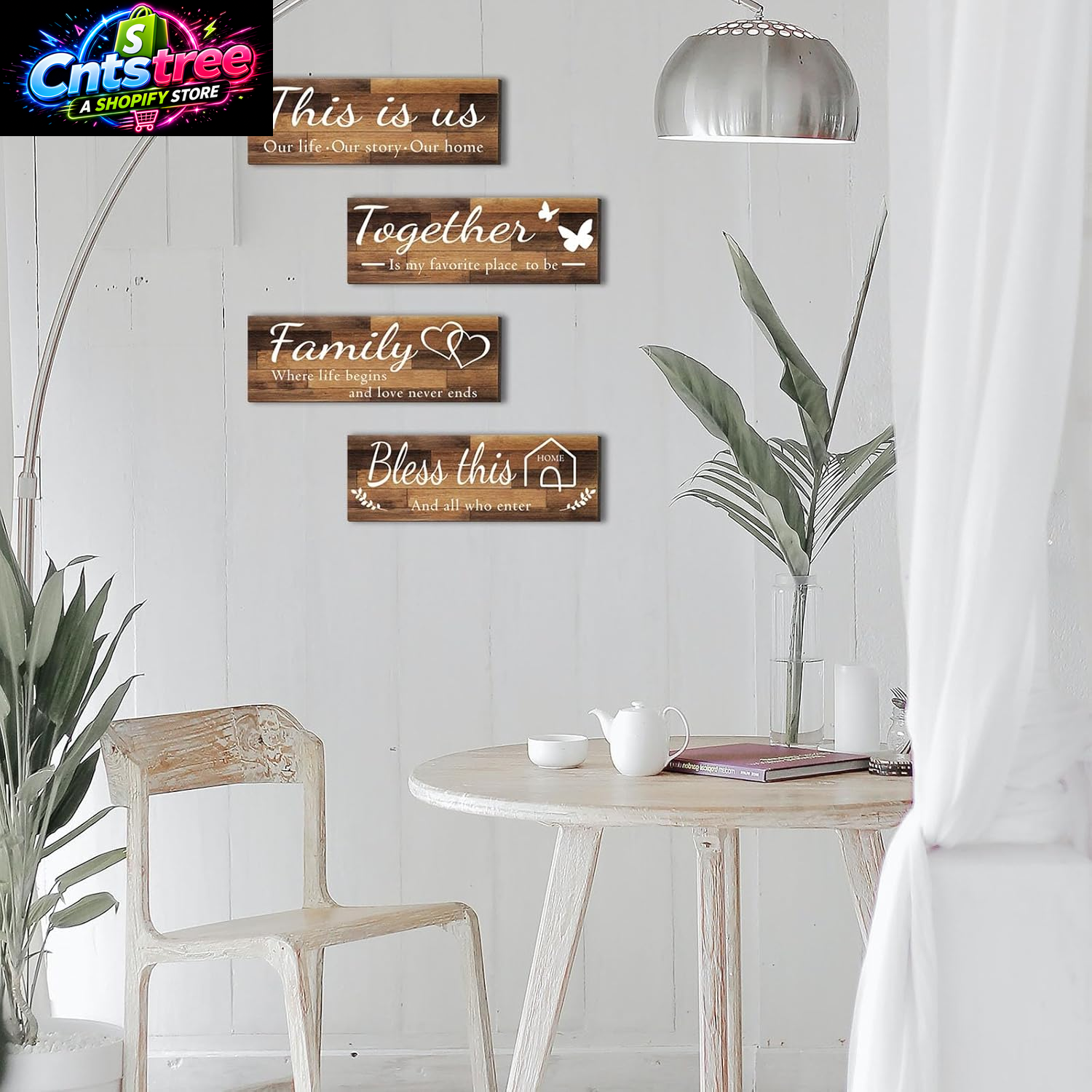 4 Pieces Home Wall Signs, THIS IS US/TOGETHER/BLESS THIS HOME/FAMILY Wall Decor for Living Room Bedroom, Rustic Wooden Farmhouse Wall Art , 4.7 X 13.8 Inch(Brown)