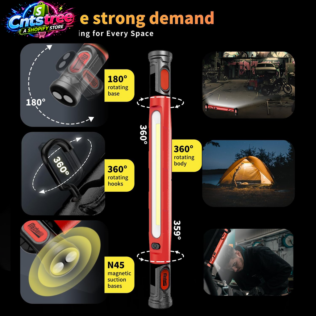 Magnetic Cordless under Hood Work Light Bar for Mechanics-Red | Rechargeable 5200Mah Battery, 3000 Lumens, N45 Magnets, 360° Hooks, IP54 Waterproof & IK08 Impact Resistant for Car Repairing