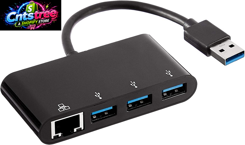 Amazon Basics 4-Port USB 3.0 Hub with 3 USB-A Ports & 1 RJ45 Gigabit Ethernet Port, High-Speed Network Adapter for Laptops, Black