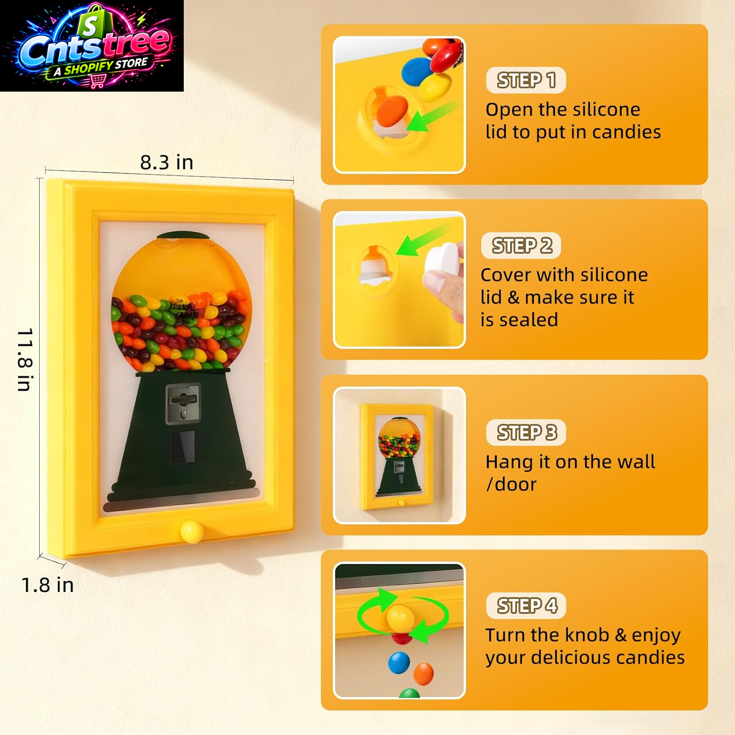 Candy Dispenser Picture Hanging Frame - Gumball Machine in a Frame, Wall Candy Dispenser Perfect for Candies & Nuts, Birthday Christmas Gift for All Ages, Large 12" X 8" (Yellow)