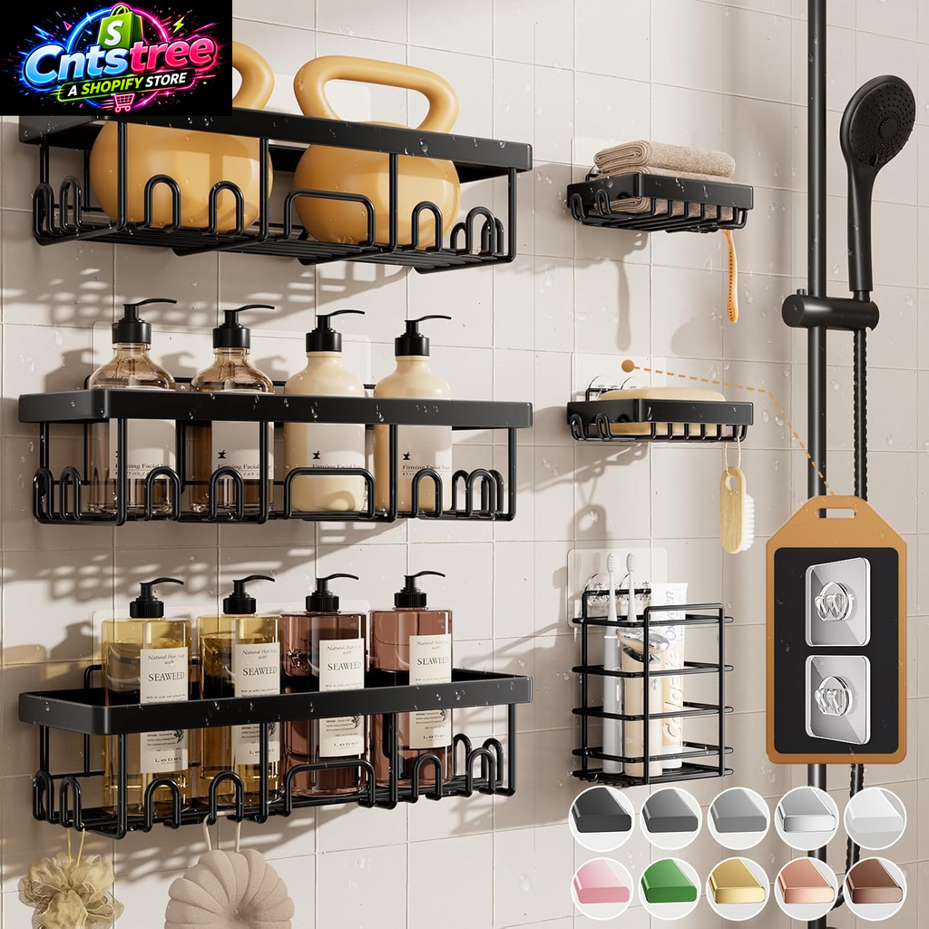 Veken Shower Caddy 6-Pack, Advanced Rustproof Design, No Drilling Adhesive Shelves, Rack with Soap Holder, Large Capacity Bathroom Organizers and Storage, Wall-Mounted Kitchen & Home Decor