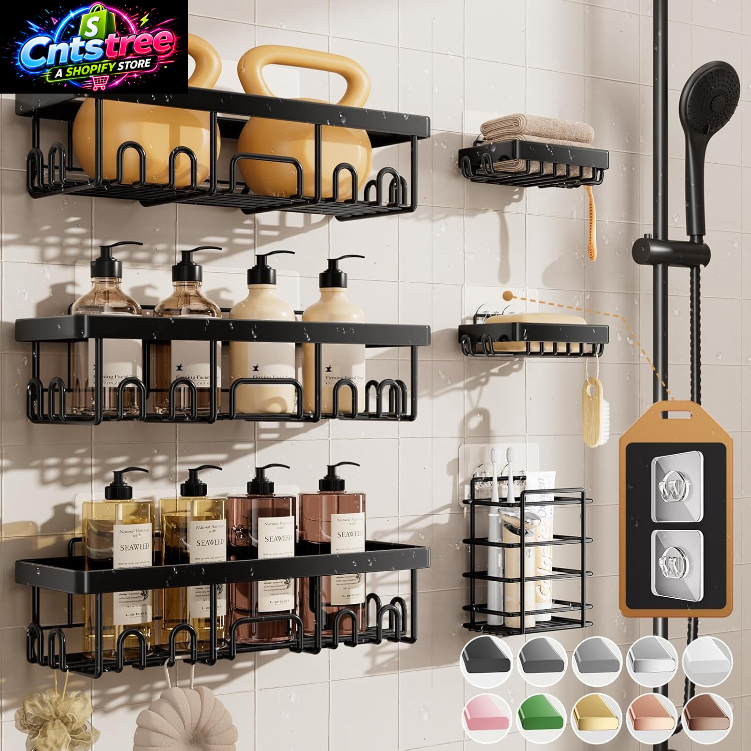 Veken Shower Caddy 6-Pack, Advanced Rustproof Design, No Drilling Adhesive Shelves, Rack with Soap Holder, Large Capacity Bathroom Organizers and Storage, Wall-Mounted Kitchen & Home Decor