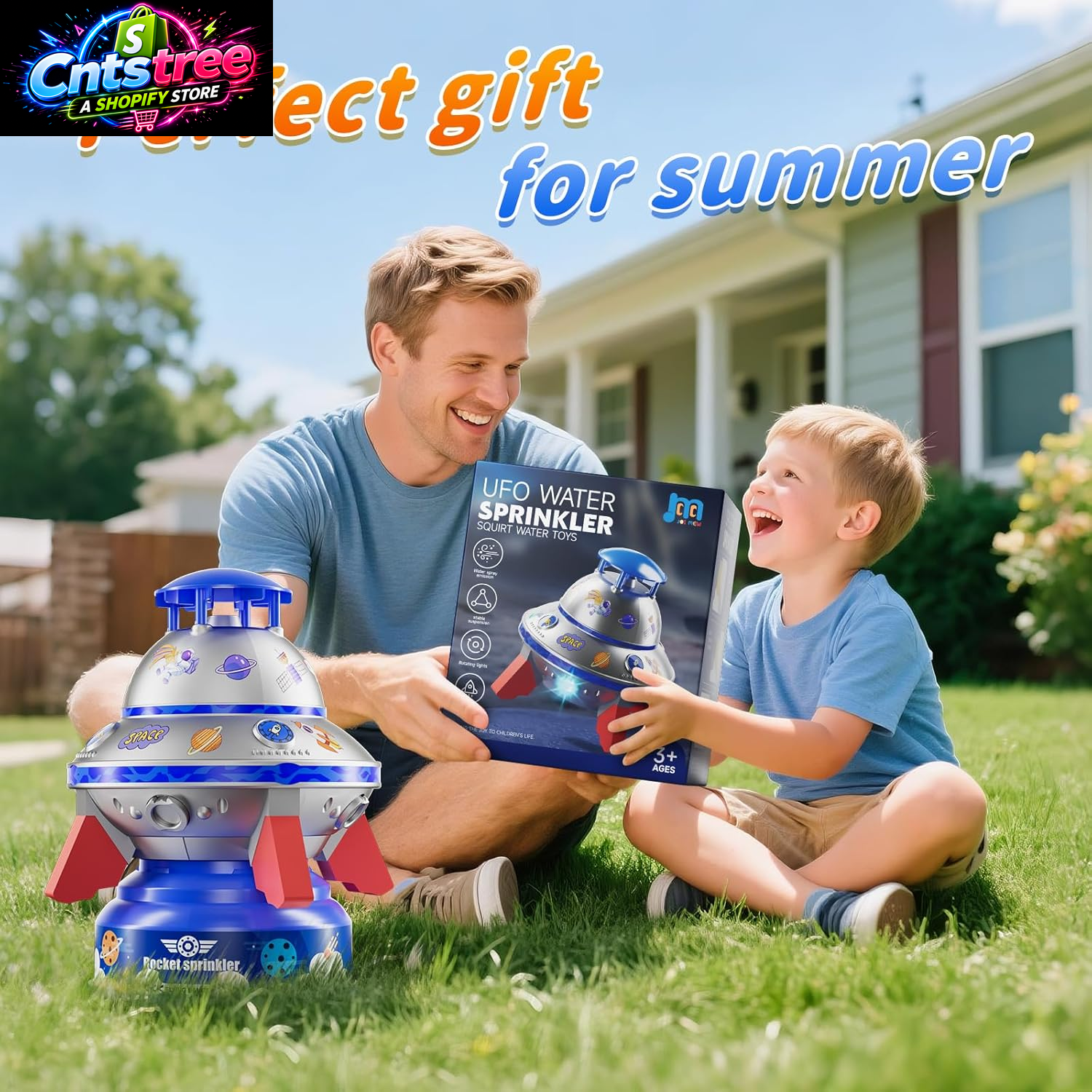 UFO Water Sprinkler for Kids, Spinning Outdoor Water Rocket Toy with Lights | Adjustable Spray Height, DIY Space Stickers, Backyard Lawn Splash Play, Summer Party Gift for Boys & Girls Ages 3-12