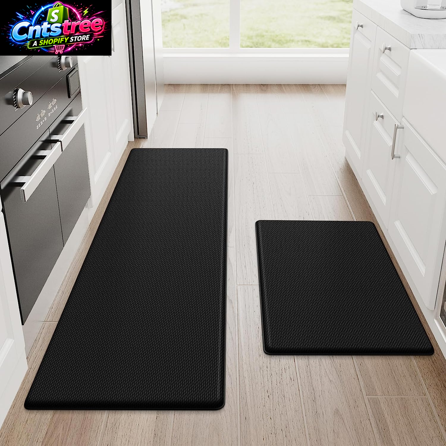 Steprite Kitchen Mats, 2PCS Kitchen Rugs, Cushioned anti Fatigue Kitchen Mats for Floor, Non-Slip Standing Desk Mat, Waterproof Kitchen Rug Set for Kitchen, Floor, Office, 17.3"X30"+17.3"X47", Black