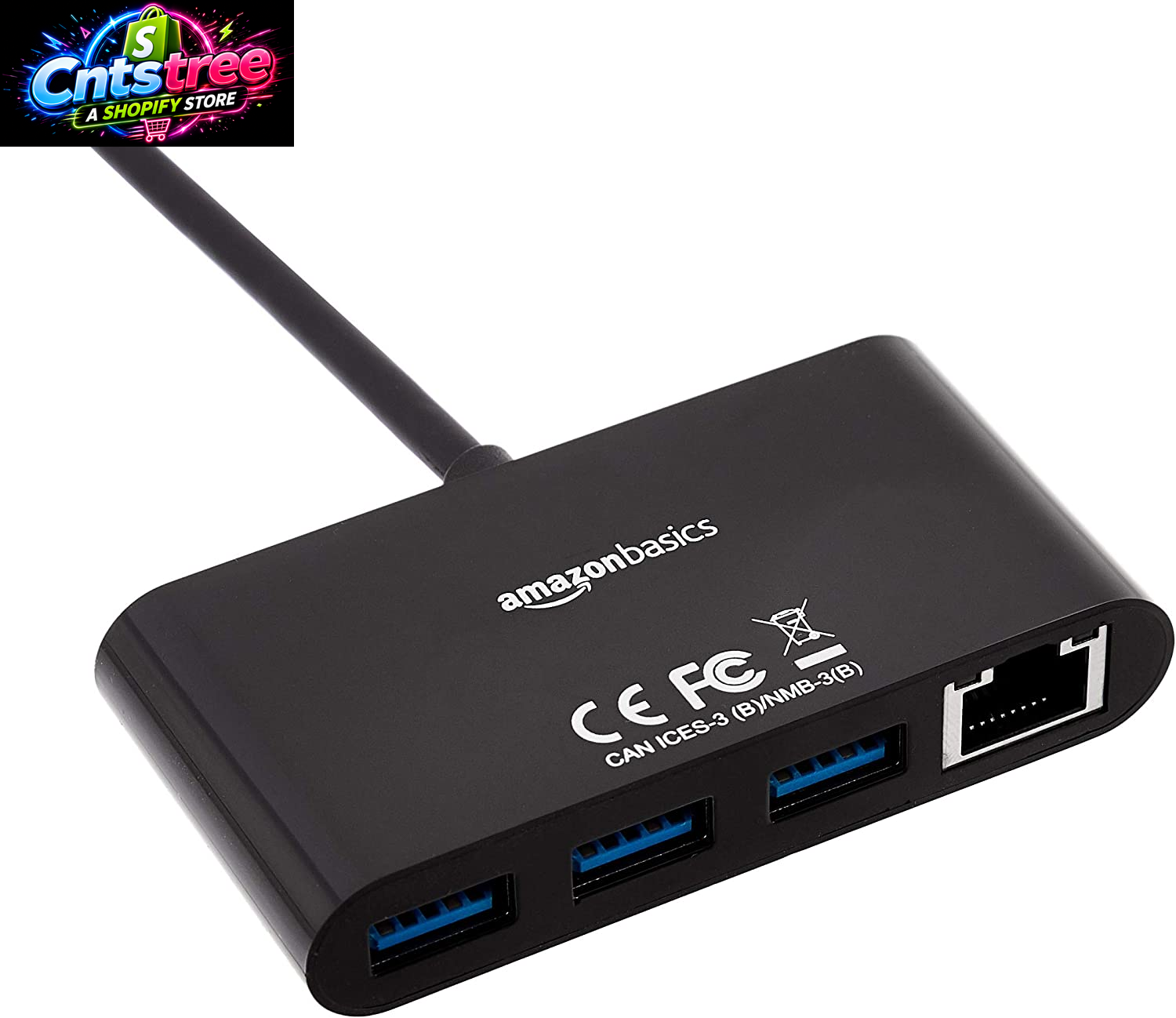 Amazon Basics 4-Port USB 3.0 Hub with 3 USB-A Ports & 1 RJ45 Gigabit Ethernet Port, High-Speed Network Adapter for Laptops, Black